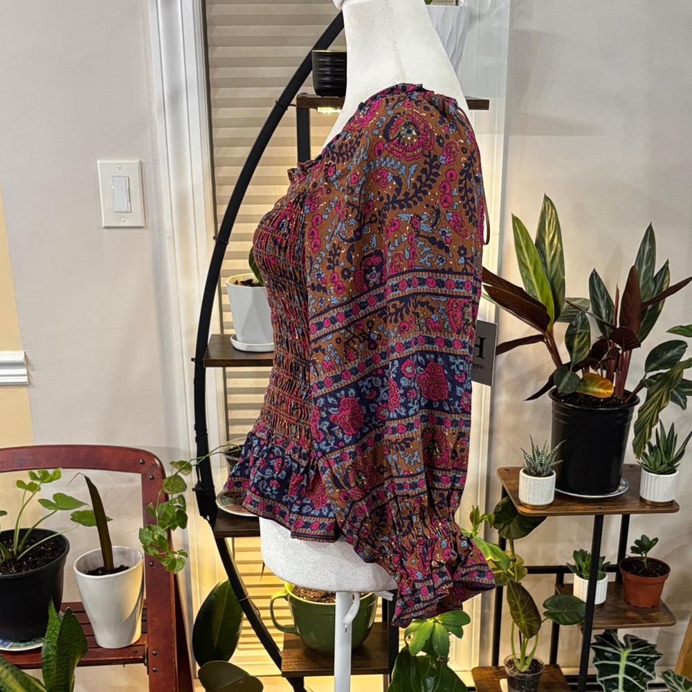 Haute Hippie Floral Smocked Blouse Multicolor size M - Picture 3 of 5
